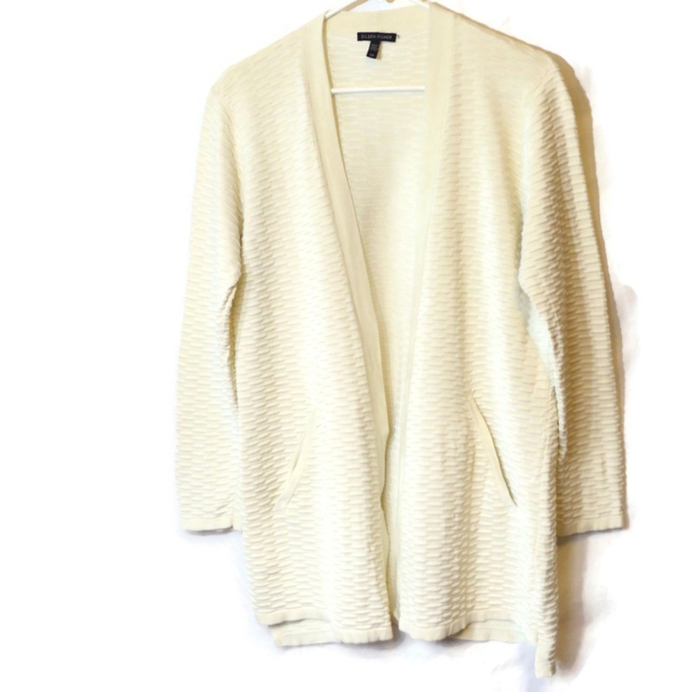 Eileen Fisher Simple Open Front Silk Organic Cotton Cardigan Sz Small Petite